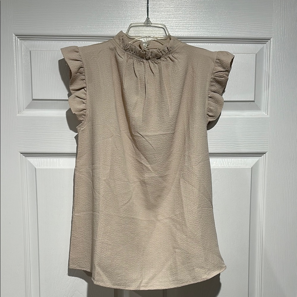 Zenana Outfitters Tan Sleeveless Ruffled Blouse